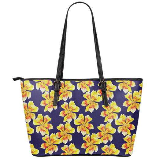 Yellow Watercolor Lily Pattern Print Leather Tote Bag