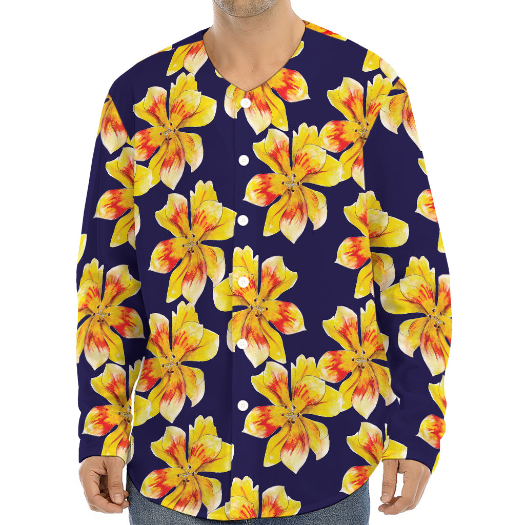 Yellow Watercolor Lily Pattern Print Long Sleeve Baseball Jersey