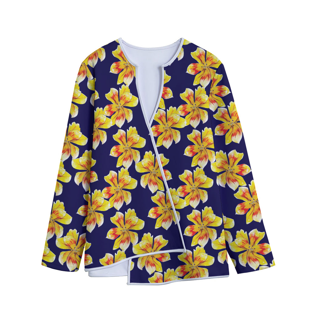 Yellow Watercolor Lily Pattern Print Long Sleeve Short Coat