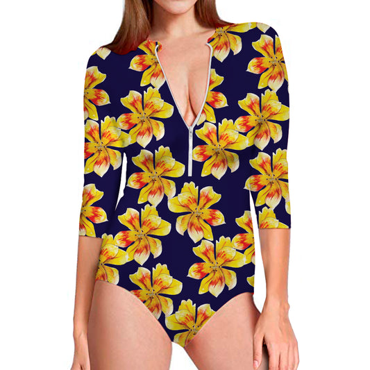 Yellow Watercolor Lily Pattern Print Long Sleeve Swimsuit