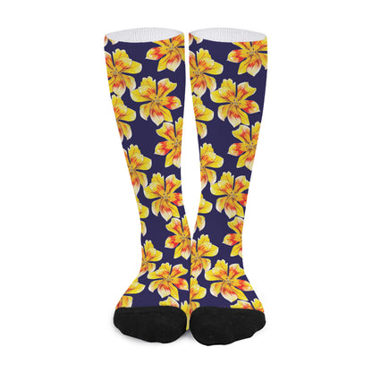 Yellow Watercolor Lily Pattern Print Long Socks