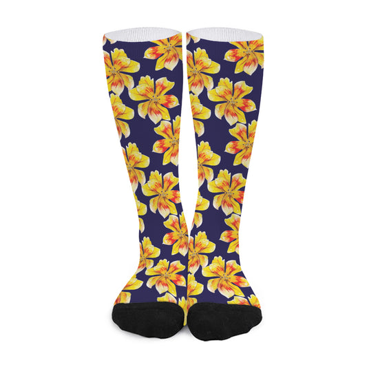 Yellow Watercolor Lily Pattern Print Long Socks