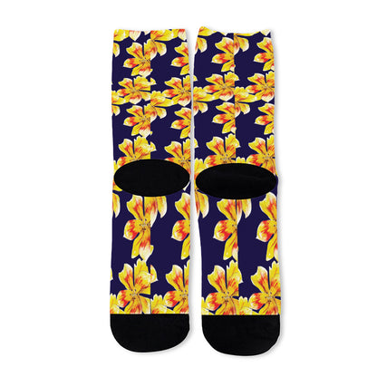 Yellow Watercolor Lily Pattern Print Long Socks