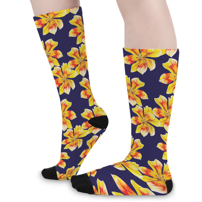 Yellow Watercolor Lily Pattern Print Long Socks