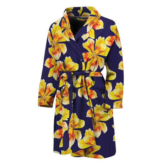 Yellow Watercolor Lily Pattern Print Men's Bathrobe