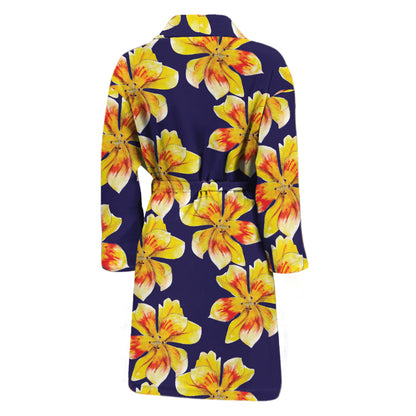 Yellow Watercolor Lily Pattern Print Men's Bathrobe