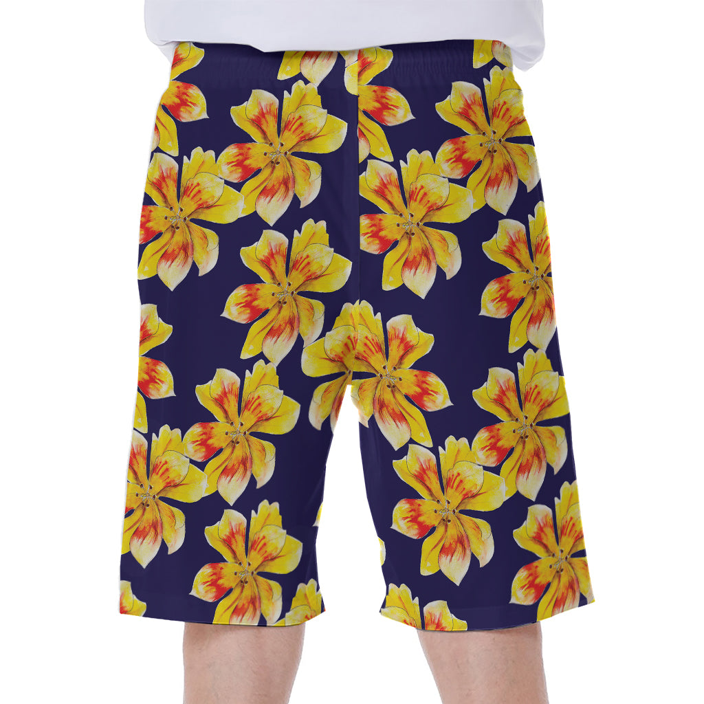 Yellow Watercolor Lily Pattern Print Men's Beach Shorts