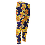 Yellow Watercolor Lily Pattern Print Men's Compression Pants