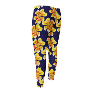 Yellow Watercolor Lily Pattern Print Men's Compression Pants