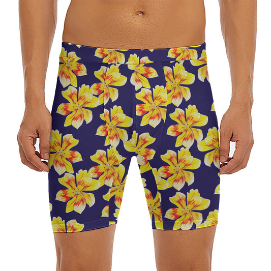 Yellow Watercolor Lily Pattern Print Men's Long Boxer Briefs