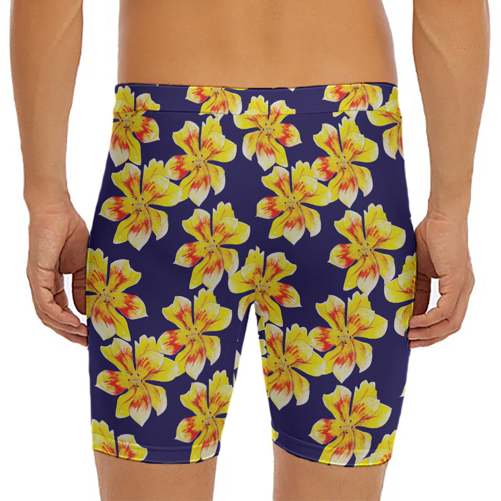 Yellow Watercolor Lily Pattern Print Men's Long Boxer Briefs