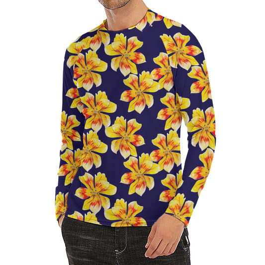 Yellow Watercolor Lily Pattern Print Men's Long Sleeve Rash Guard