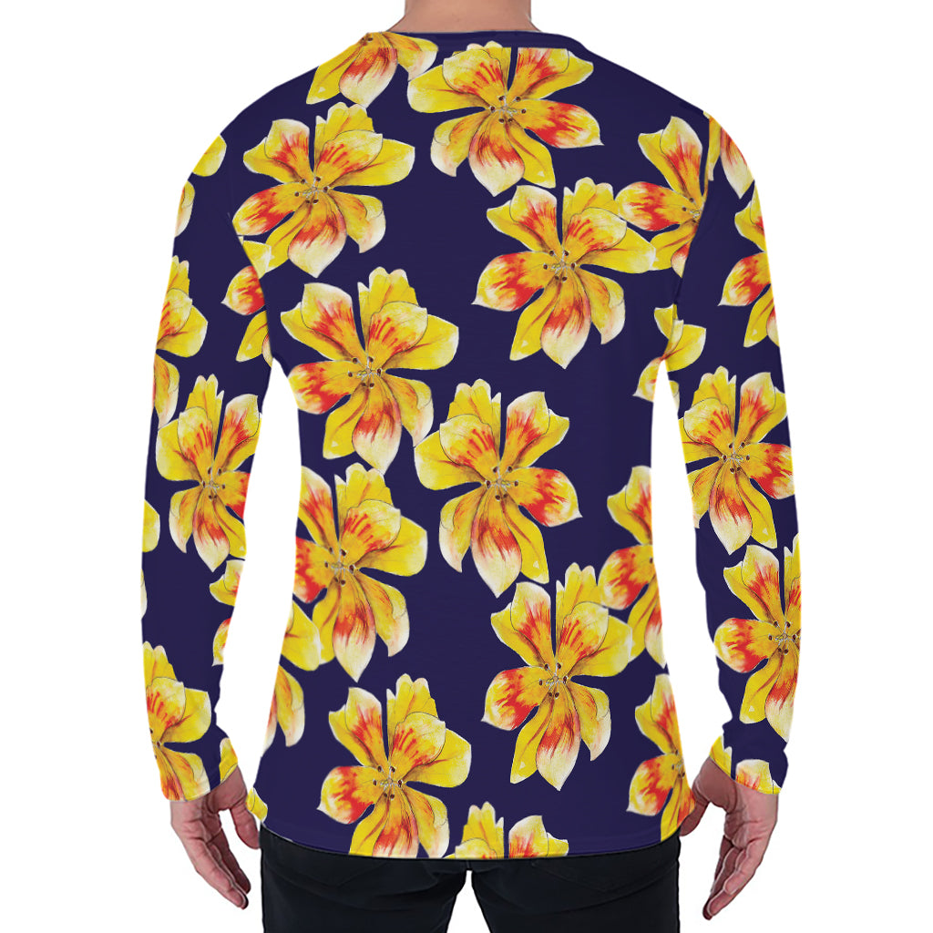 Yellow Watercolor Lily Pattern Print Men's Long Sleeve T-Shirt
