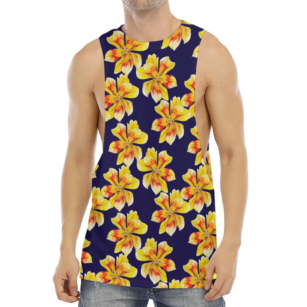 Yellow Watercolor Lily Pattern Print Men's Muscle Tank Top