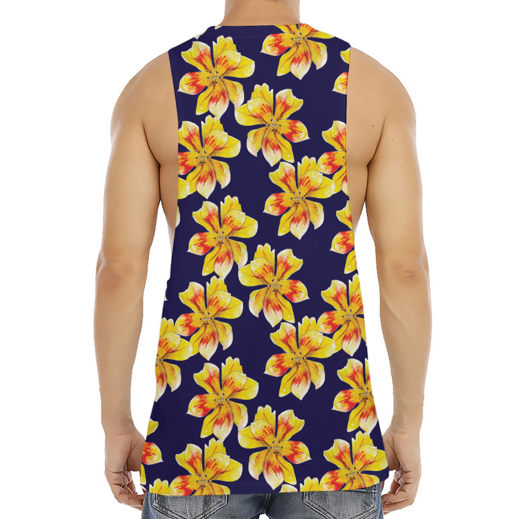 Yellow Watercolor Lily Pattern Print Men's Muscle Tank Top