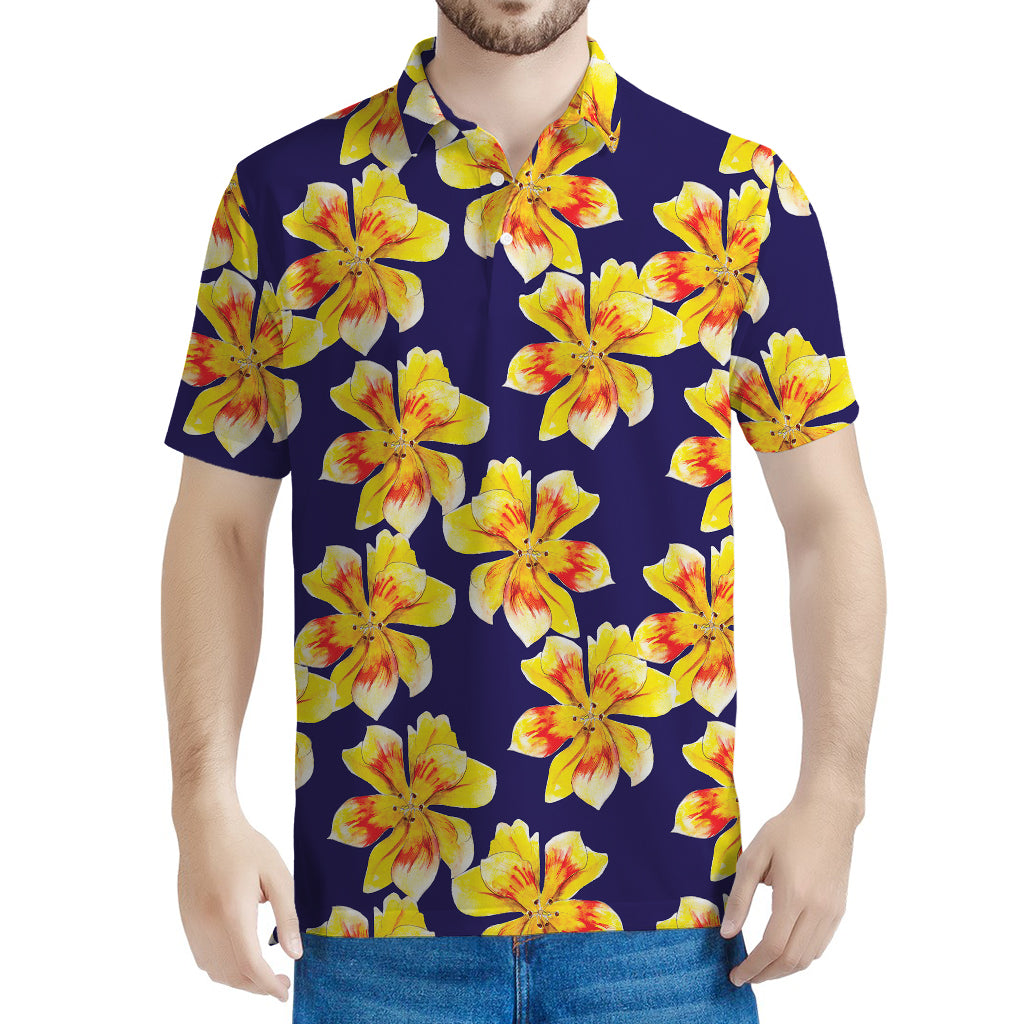 Yellow Watercolor Lily Pattern Print Men's Polo Shirt