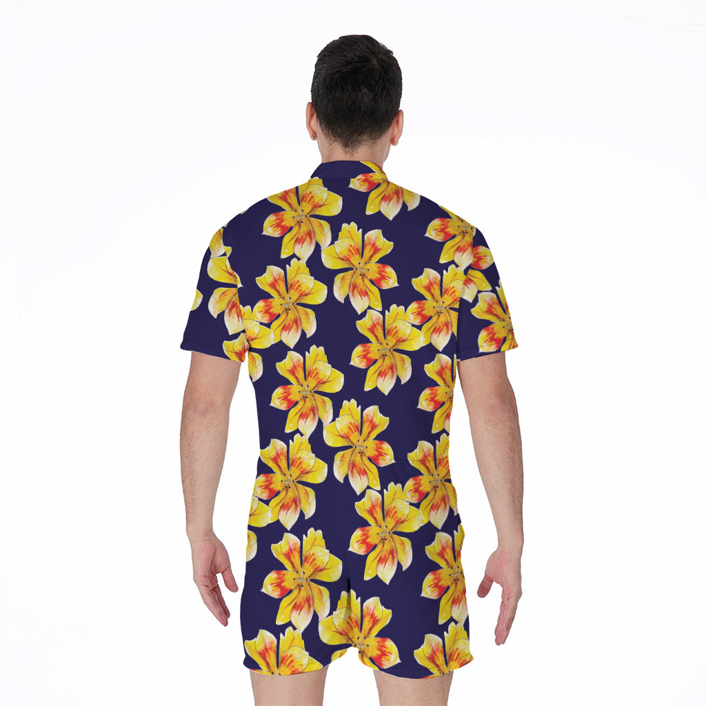 Yellow Watercolor Lily Pattern Print Men's Rompers
