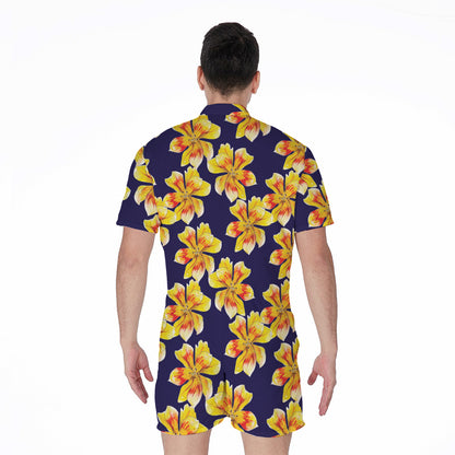 Yellow Watercolor Lily Pattern Print Men's Rompers
