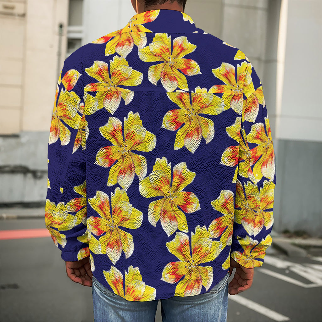 Yellow Watercolor Lily Pattern Print Men's Shirt Jacket