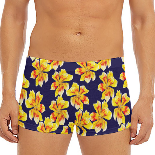 Yellow Watercolor Lily Pattern Print Men's Short Boxer Briefs