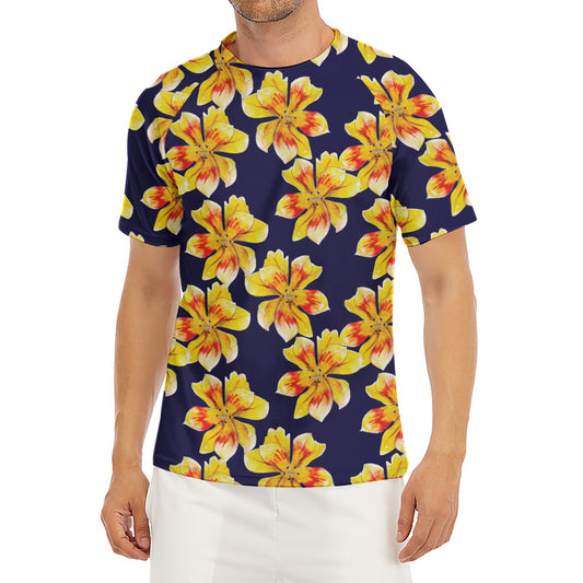 Yellow Watercolor Lily Pattern Print Men's Short Sleeve Rash Guard