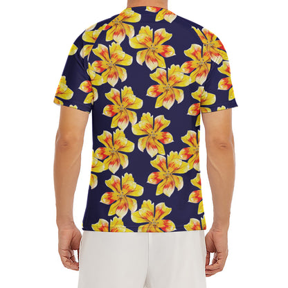 Yellow Watercolor Lily Pattern Print Men's Short Sleeve Rash Guard
