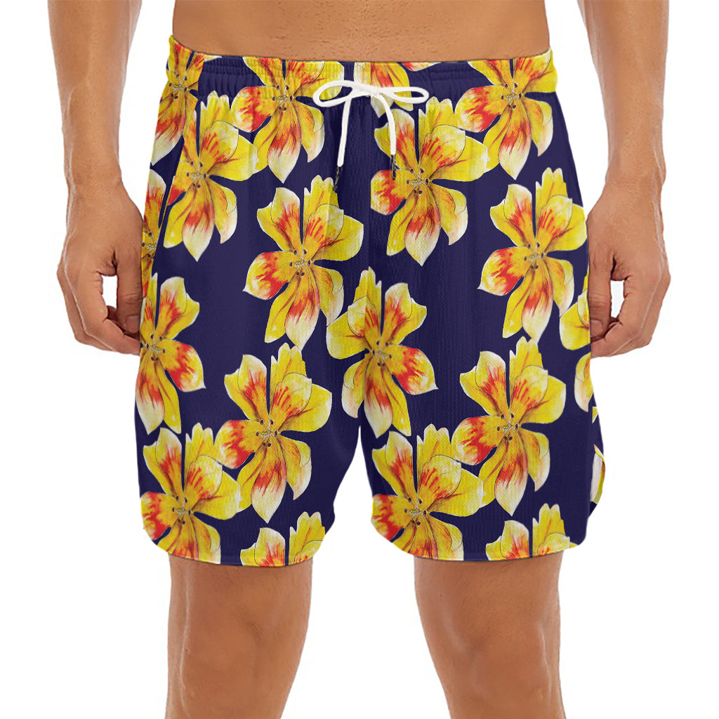 Yellow Watercolor Lily Pattern Print Men's Split Running Shorts