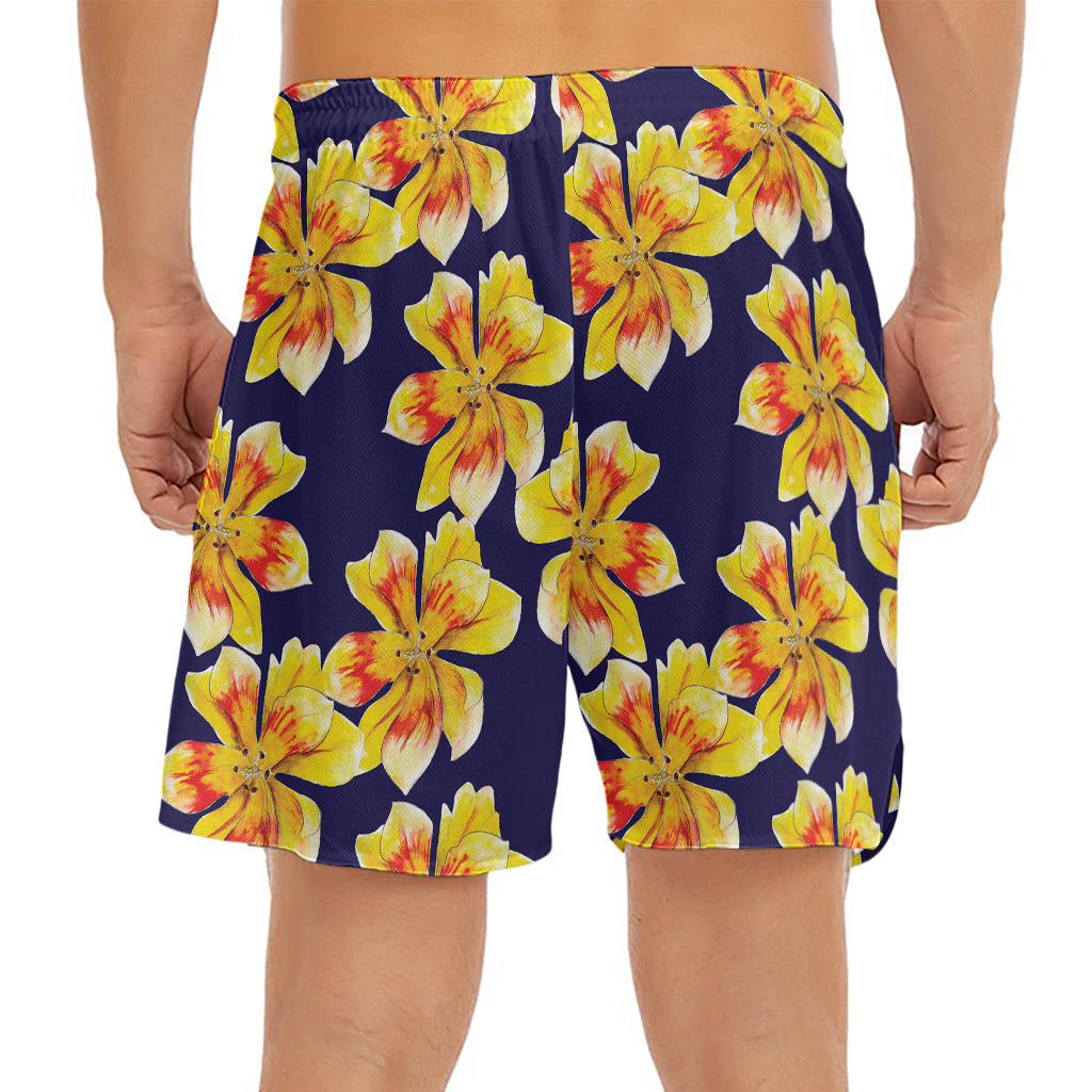 Yellow Watercolor Lily Pattern Print Men's Split Running Shorts