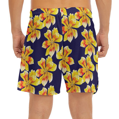 Yellow Watercolor Lily Pattern Print Men's Split Running Shorts