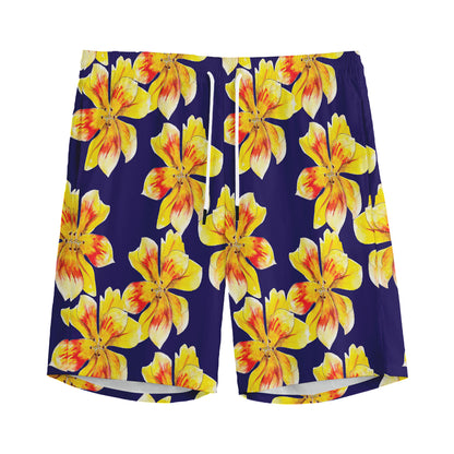 Yellow Watercolor Lily Pattern Print Men's Sports Shorts