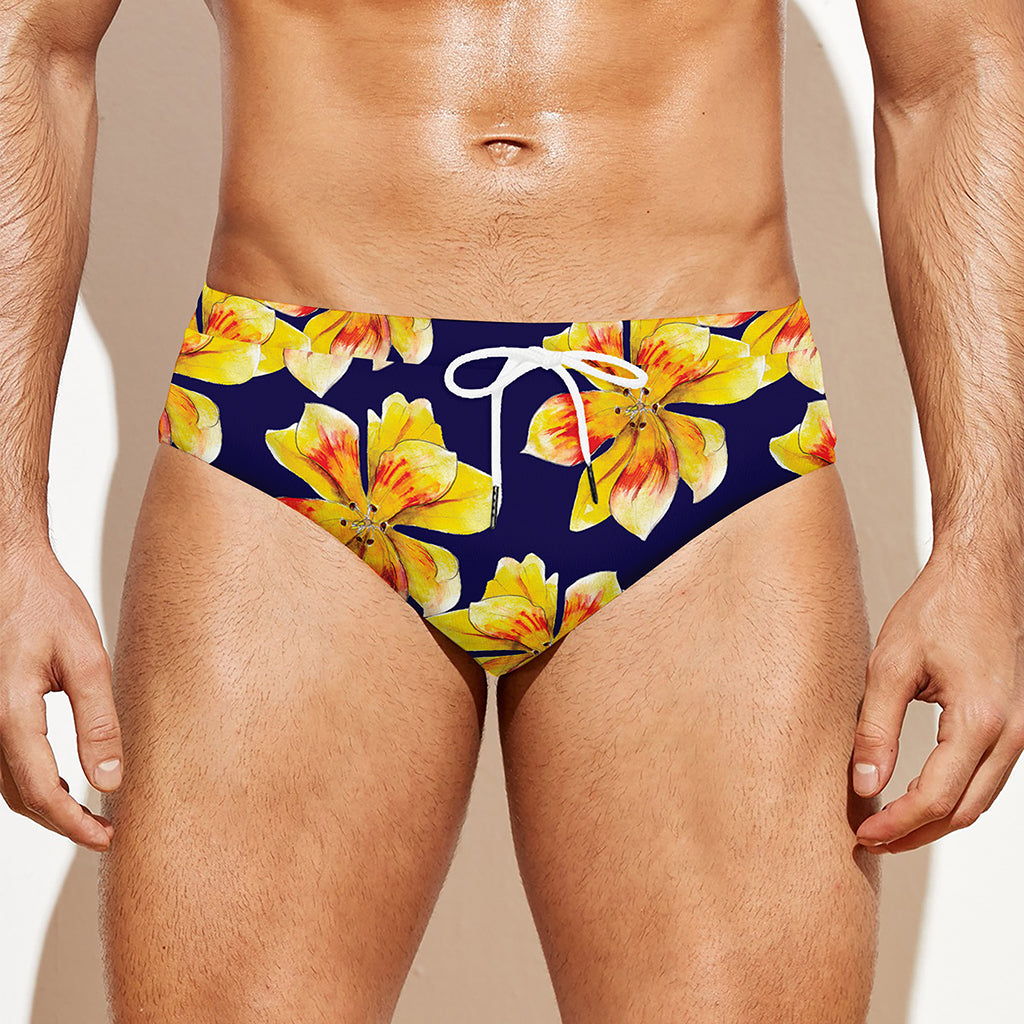 Yellow Watercolor Lily Pattern Print Men's Swim Briefs