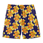 Yellow Watercolor Lily Pattern Print Men's Swim Trunks
