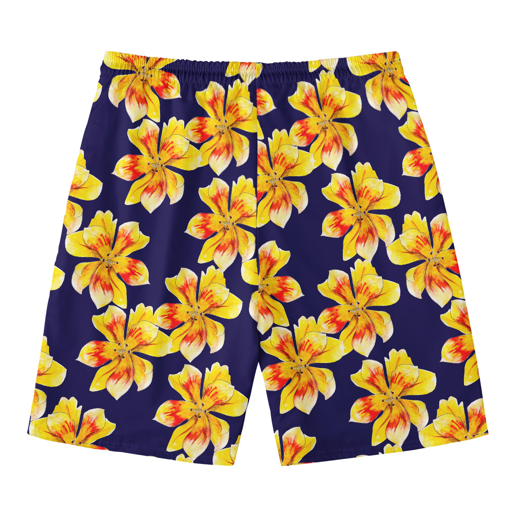 Yellow Watercolor Lily Pattern Print Men's Swim Trunks