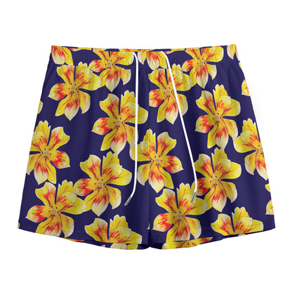 Yellow Watercolor Lily Pattern Print Mesh Shorts
