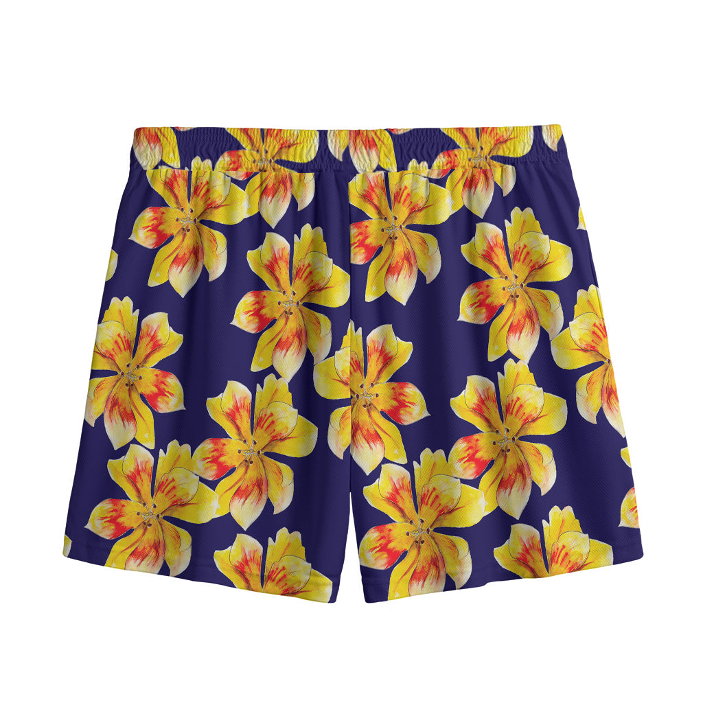 Yellow Watercolor Lily Pattern Print Mesh Shorts