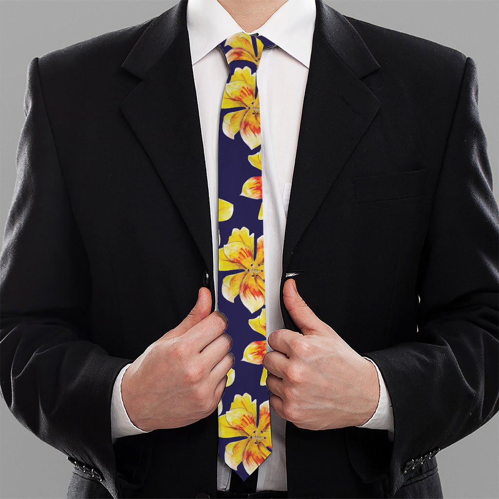 Yellow Watercolor Lily Pattern Print Necktie