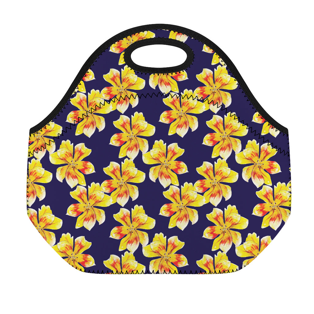 Yellow Watercolor Lily Pattern Print Neoprene Lunch Bag