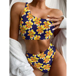 Yellow Watercolor Lily Pattern Print One Shoulder Bikini Top