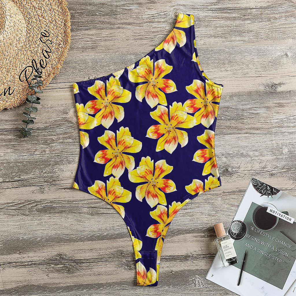 Yellow Watercolor Lily Pattern Print One Shoulder Bodysuit