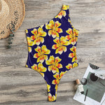 Yellow Watercolor Lily Pattern Print One Shoulder Bodysuit