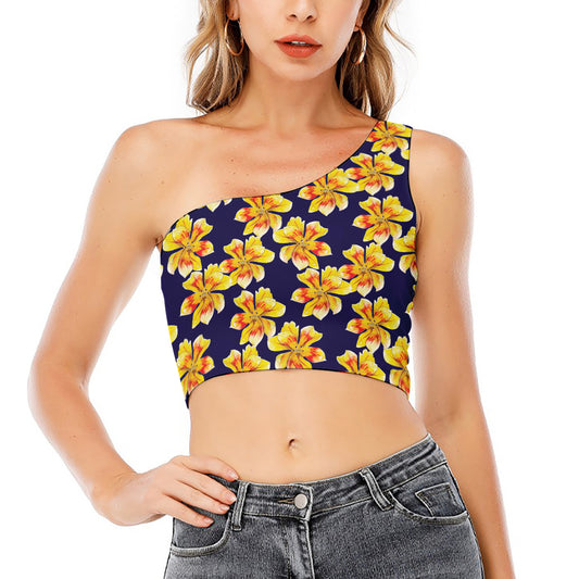 Yellow Watercolor Lily Pattern Print One Shoulder Crop Top