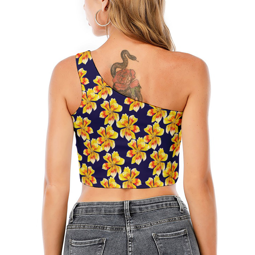 Yellow Watercolor Lily Pattern Print One Shoulder Crop Top