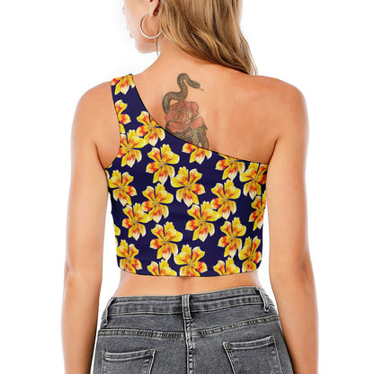 Yellow Watercolor Lily Pattern Print One Shoulder Crop Top