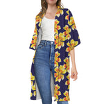 Yellow Watercolor Lily Pattern Print Open Front Beach Cover Up