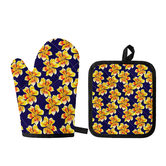 Yellow Watercolor Lily Pattern Print Oven Mitt And Pot Holder Set