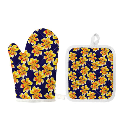 Yellow Watercolor Lily Pattern Print Oven Mitt And Pot Holder Set