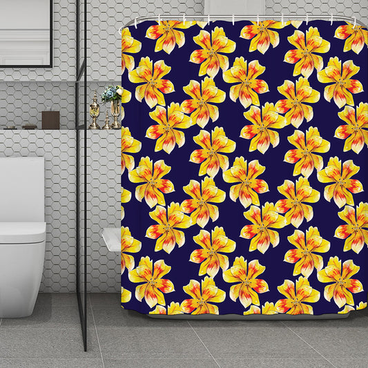 Yellow Watercolor Lily Pattern Print Polyester Shower Curtain