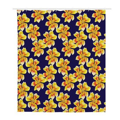 Yellow Watercolor Lily Pattern Print Polyester Shower Curtain
