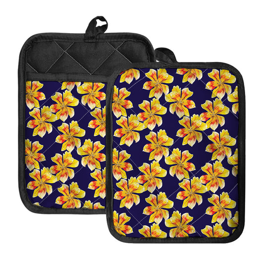 Yellow Watercolor Lily Pattern Print Pot Holders With Pocket