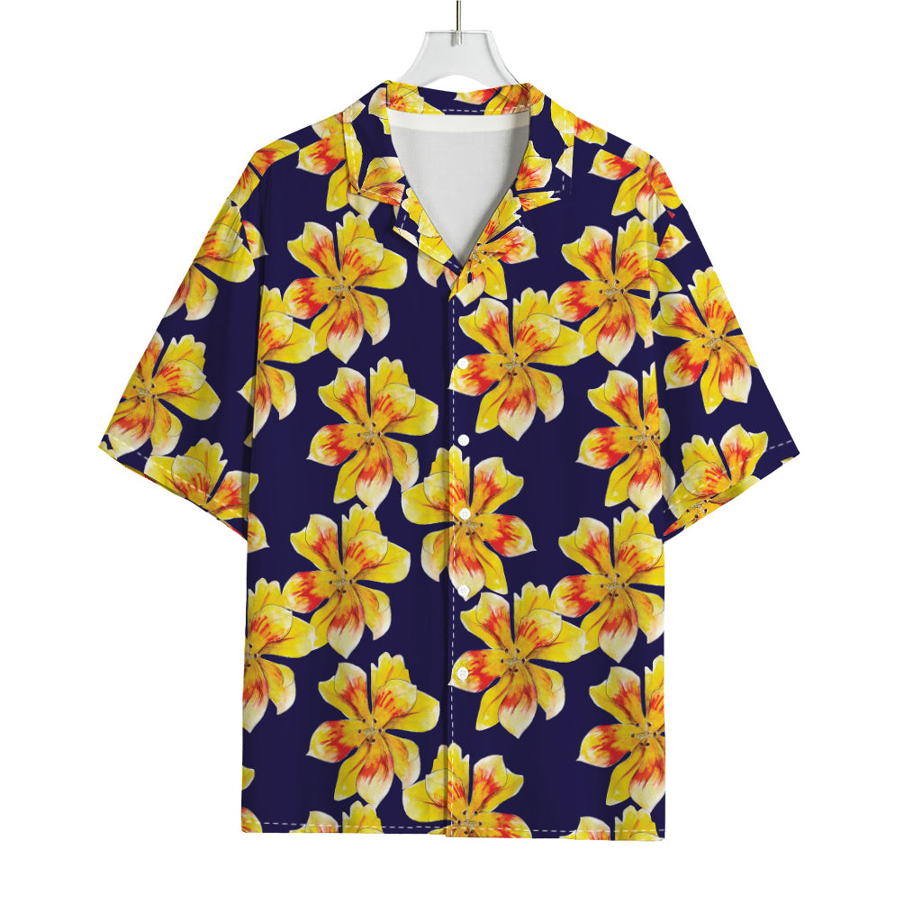 Yellow Watercolor Lily Pattern Print Rayon Hawaiian Shirt